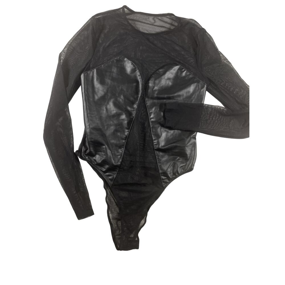 Goth Sexy Bodysuit Club Top  Womens Small Long Sleeve Mesh Vegan Leather Faux